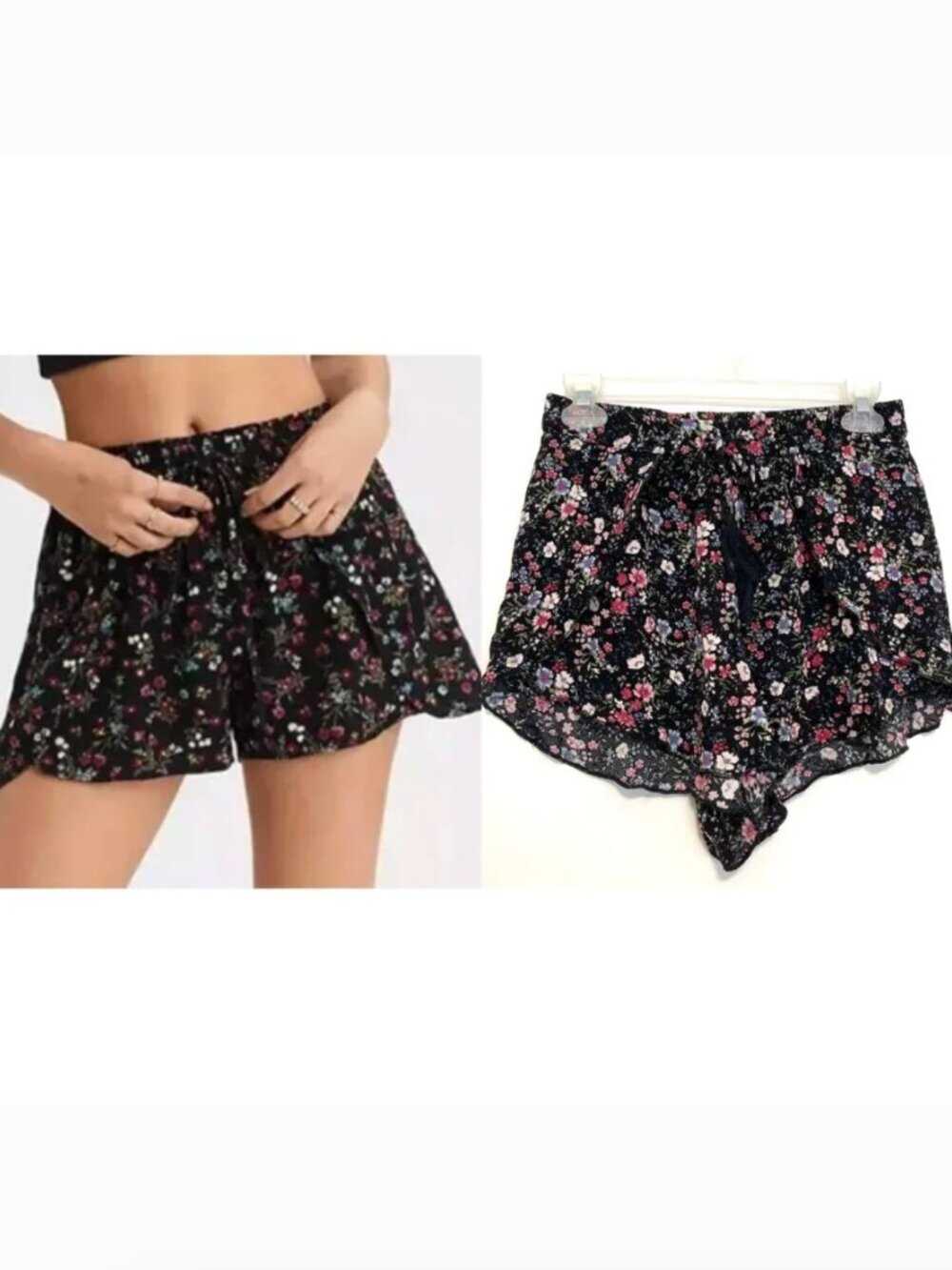 AMERICAN EAGLE AE Tulip Runner Shorts Black Pink Floral Pull On Drawstring Flowy
